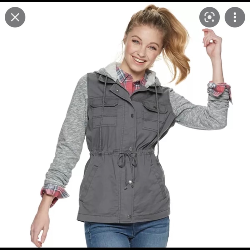 Knit Sleeve Hooded Utility Jacket size X-Small color Grey